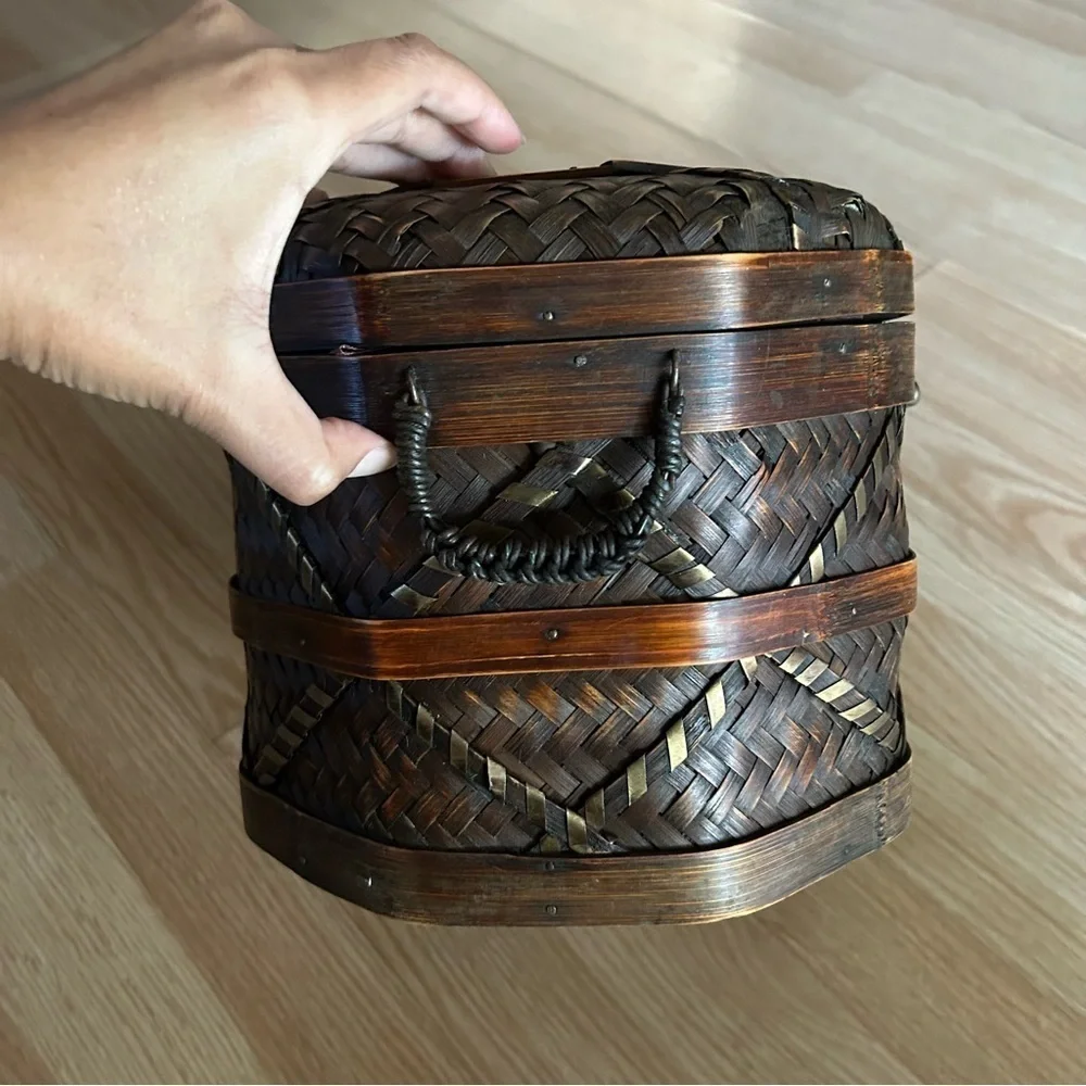 Vintage Wicker Metal Woven Decorative Chest Basket